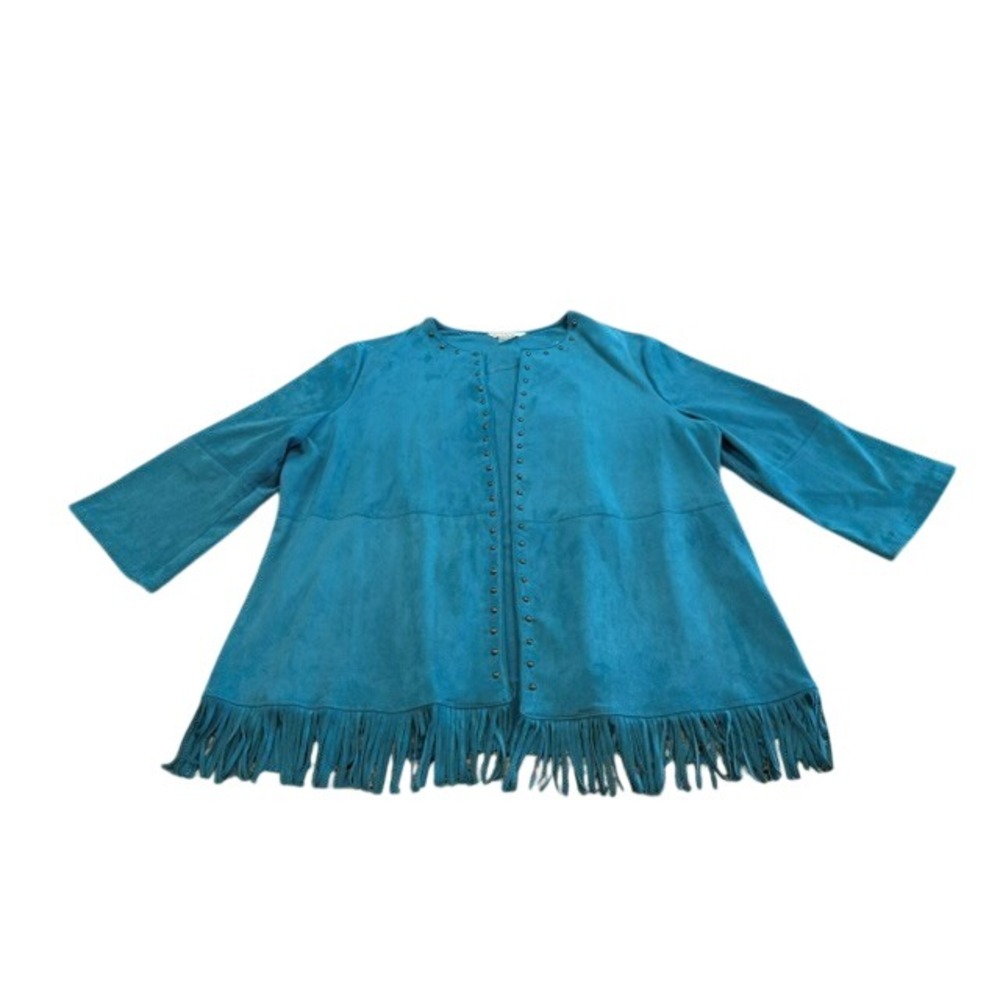 Allison Daley Womens 16 Teal Faux Suede Fringe Studded Western Boho Jacket